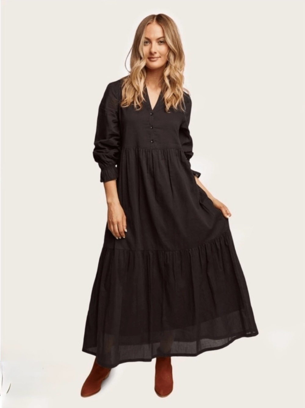Able Jane Black Long-Sleeve Tiered Maxi Dress